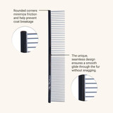 Graphic highlighting the comb's rounded corners and seamless design to reduce coat breakage and glide through fur without snagging