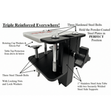 Groomers Helper The BEAST 1" Grooming Table Clamp with callouts highlighting its triple-reinforced construction, steel bolts, protective washers and adjustable mounting hardware