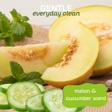 Freshly sliced melons and cucumber rounds highlighting the text: 'gentle everyday clean, melon & cucumber scent'