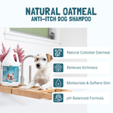 Natural Oatmeal Anti-Itch Dog Shampo. Natural colloidal oatmeal, relieves itchiness, moisturizes and softens skin, pH balanced formula. Photo of small dog with a gallon of Bio-Groom Oatmeal Anti-Itch Shampoo.