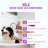 Silk Creme Rinse Dog Conditioner rehydrates skin, builds full and strong coat, residue-free rinse, removes tangles and frizz. A black and white dog is picturedin a bathtub. A womans hands are shown squeezing Bio-Groom Silk into her hands to give the dog a bath.