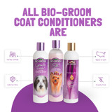All Bio-Groom Coat Conditioners are family owned, made in USA, safe for pets, cruelty free. Three 12 oz. bottles of Bio-Groom Creme Rinses are pictured.