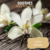 Close-up of vanilla pods and flowers on a wooden table, accompanied by the text: 'soothes dry & itchy skin, vanilla fragrance'