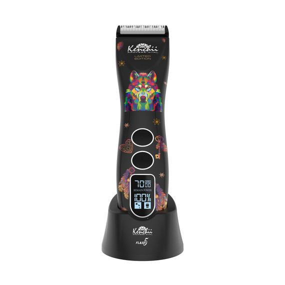 Kenchii Flash 5 Digital Cordless Clipper Wolf Matte Black on Base Front View Kenchii Flash 5 Digital Cordless Clipper Wolf Matte Black on Base Front View