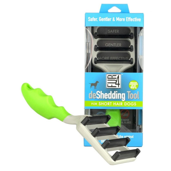 FUR4 deShedding Tool for Short Hair Dogs, displayed both in packaging and out of the box to show the ergonomic green handle and four-blade design FUR4 deShedding Tool for Short Hair Dogs, displayed both in packaging and out of the box to show the ergonomic green handle and four-blade design