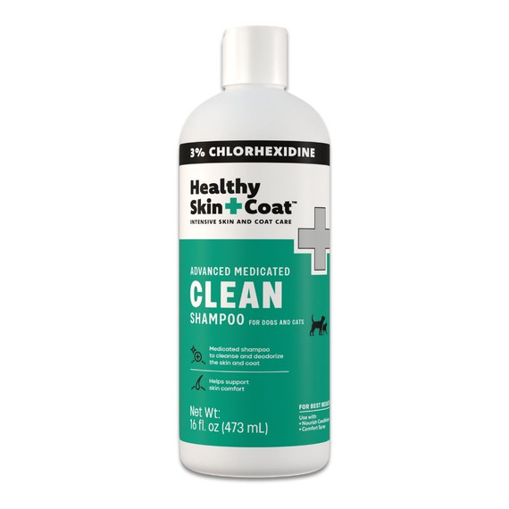 Front view of a 16 oz bottle of Healthy Skin + Coat Advanced Medicated Clean Shampoo