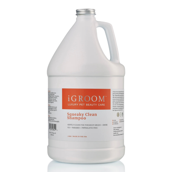 Front view of a gallon jug of iGroom Squeaky Clean Shampoo on a white background