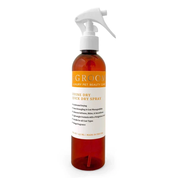 Front view of an 8 oz bottle of iGroom Divine Dry Quick Dry Spray on a white background