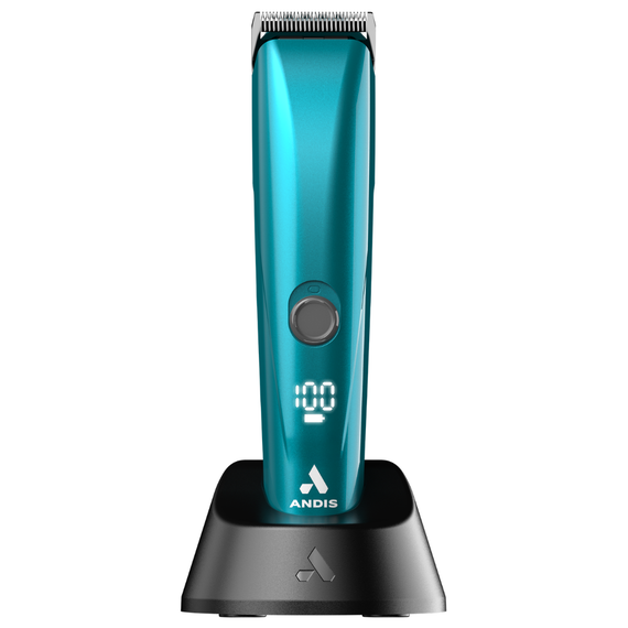 Front view of the Seabreeze Blue Andis EMERGE® Trim Cordless Trimmer docked in the included charging stand