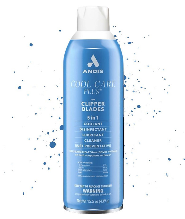 Blue Bottle, Andis 5-in-1 Cool Care Plus Spray, 15.5 oz, Front with Cap