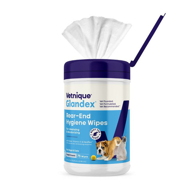 Vetnique Glandex Rear-End Hygiene Wipes 75-count container with wipe exposed