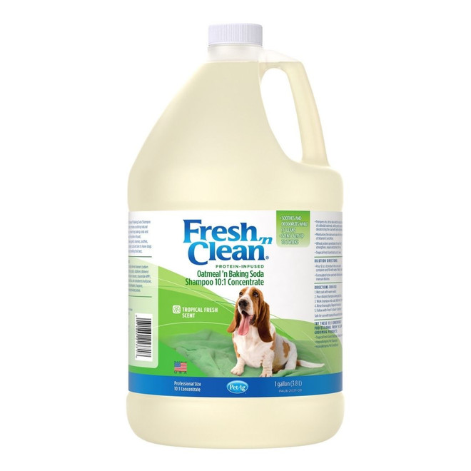 Front view of a gallon jug of Fresh 'n Clean 10:1 Oatmeal 'n Baking Soda Tropical Shampoo on a white background