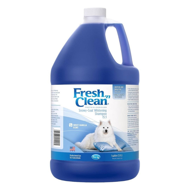 Front view of a gallon jug of Fresh 'n Clean Snowy-Coat Whitening Shampoo on a white background