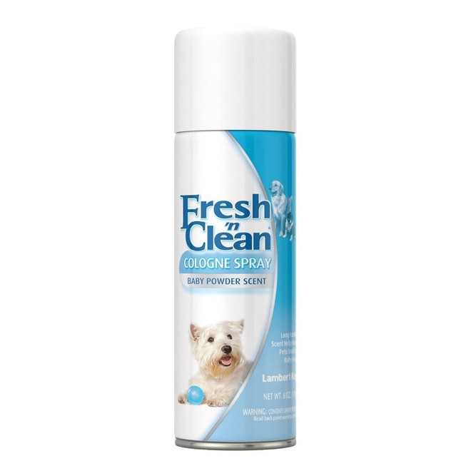 Front view of 6 oz Fresh 'n Clean Baby Powder Dog Cologne Spray on a white background