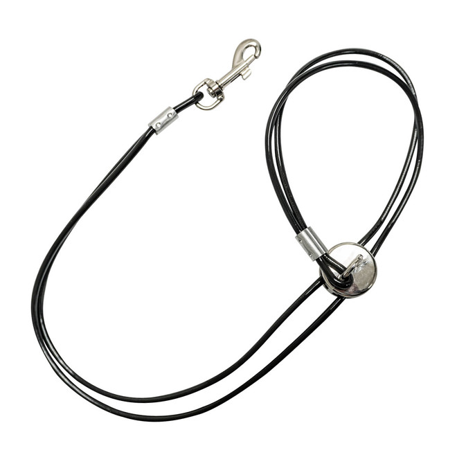 Trach Saver® black grooming restraint with a stainless-steel swivel snap and sliding neck adjuster, designed to reduce throat pressure during pet grooming.