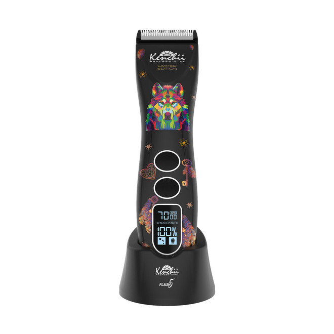 Kenchii Flash 5 Digital Cordless Clipper Wolf Matte Black on Base Front View Kenchii Flash 5 Digital Cordless Clipper Wolf Matte Black on Base Front View