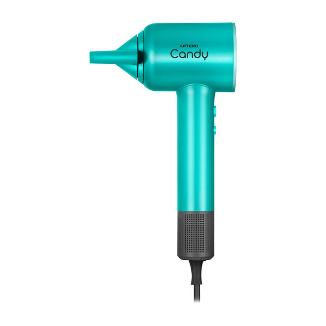 Side view of the Artero Candy Handheld Dryer, Turquoise, shown with magnetic nozzle attached