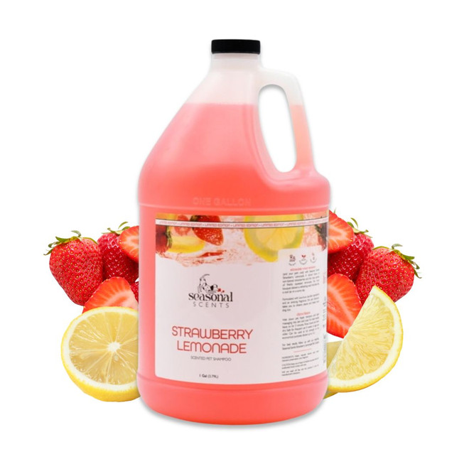 Gallon jug of Seasonal Scents Strawberry Lemonade Shampoo, displayed with fresh strawberries and lemons