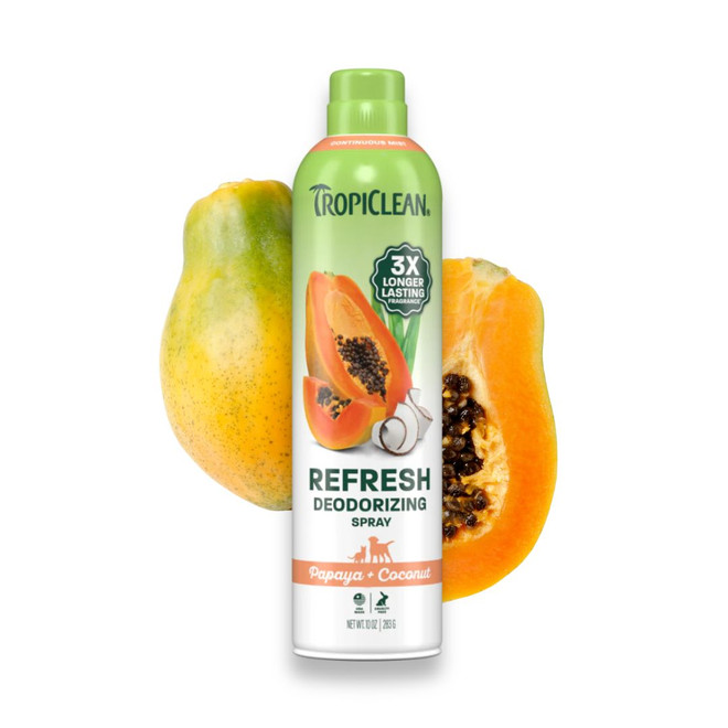 Front view of Tropiclean Papaya + Coconut Deodorizing Pet Spray, 10 oz