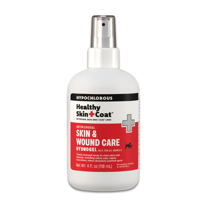 Healthy Skin+Coat Skin & Wound Care Antimicrobial HydroGel bottle on a gray background.