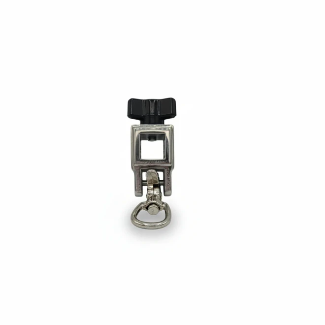 Stainless steel grooming arm slider with an attached swivel toggle snap for adjustable restraint positioning on grooming arms.