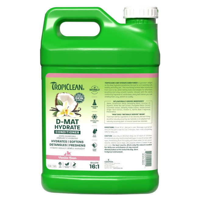 Front view of a 2.5 gallon jug of Tropiclean Vanilla Bean D-Mat Hydrate & Shine Conditioner