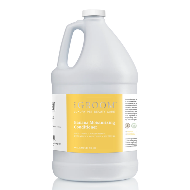 Front view of a gallon jug of iGroom Banana Conditioner on a white background