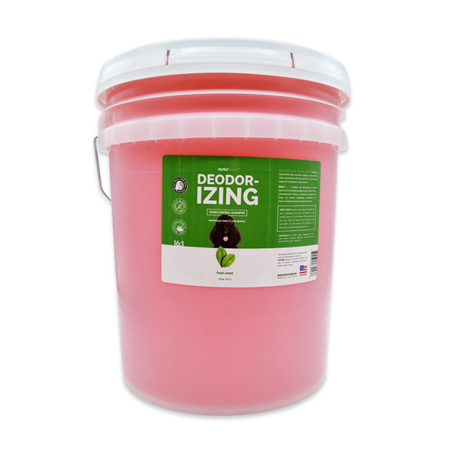 5 gallon pail of Bark2Basics Deodorizing Shampoo, showcasing product label with ingredients and description