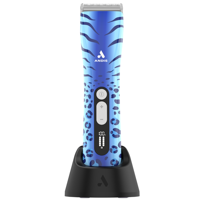 Front view of the Andis ProClip® 5-in-1 WILD Clipper docked in the included charging stand