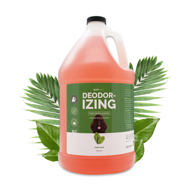 Gallon jug of Bark2Basics Deodorizing Shampoo with fresh, green leaves in the background