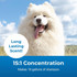 A fluffy white Samoyed dog smiles outdoors under a blue sky. A circular label reads ‘Long Lasting Scent!’ and text below says ‘15:1 Concentration – Makes 16 gallons of shampoo.’