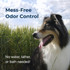 Sheltie standing in a grassy field under a blue sky. Text on image reads: ‘Mess-Free Odor Control. No water, lather, or bath needed!'