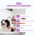 Silk Creme Rinse Dog Conditioner rehydrates skin, builds full and strong coat, residue-free rinse, removes tangles and frizz. A black and white dog is picturedin a bathtub. A womans hands are shown squeezing Bio-Groom Silk into her hands to give the dog a bath.