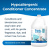 Fresh 'n Clean Hypoallergenic Conditioner graphic with gallon jug and text: ‘Hypoallergenic Conditioner Concentrate. Conditions and deodorizes your dog's skin and coat, with its gentle fragrance, dye, and irritant free formula.’ Label reads: ‘Fragrance & dye free.’