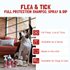 Flea and Tick Full Protection Shampoo, spray and dip. Kills fleas, lice and ticks. Available as spray. Made in the USA. Available for dogs and cats. Pictured is a dog with a stuffed animal named flea. Next to them is the full lineup of  Bio-Groom Flea and Tick products.