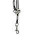 Close-up of the Trach Saver® black grooming restraint showing the stainless-steel sliding adjuster, swivel snap, and secure attachment hardware.