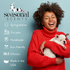 Smiling woman in a red sweater holding a sleeping French Bulldog puppy, alongside the Seasonal Scents logo and product features: spring edition, for pets, handmade, eco-friendly, 16 to 1 dilution and made in the USA