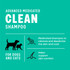 Teal graphic with text: ‘Advanced Medicated Clean Shampoo.’ Icons of a dog and cat with text: ‘For dogs and cats.’ Additional text reads: ‘Medicated shampoo to cleanse and deodorize the skin and coat’ and ‘Helps support skin comfort.’