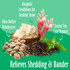 earthbath® Shed Control Conditioner graphic highlighting ingredients that help relieve shedding and dander, including shea butter for moisturizing, awapuhi for healthy shine and green tea leaf for repair