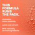 Orange background with water droplets and text reading "This Formula Runs the Pack" alongside benefits including instant odor elimination, quick coat refresh and 96% naturally derived ingredients.