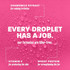 Pink background covered in water droplets with text stating "Every Droplet Has a Job" and highlighting chamomile extract for calming irritation, vitamin E for protecting the skin and wheat protein for strengthening the fur. Formulas are filler-free.