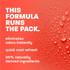 Orange background with water droplets and text reading "This Formula Runs the Pack" alongside benefits including instant odor elimination, quick coat refresh and 96% naturally derived ingredients.