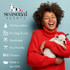 Smiling woman in a red sweater holding a sleeping French Bulldog puppy, alongside the Seasonal Scents logo and product features: holiday edition, for dogs & cats, handmade, eco-friendly, 16 to 1 dilution, and made in the USA.