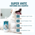 Super White Whitening Dog Shampooo brightens light coats, dye and paraben-free, adds sparkle and shine, strengthens coat. White dog pictured next to a bottle of Super White dog shampoo.