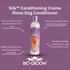 Silk Conditioning Creme Rinse Dog Conditioner. Returns moisture and rehydrates skin and coat. Removes tangles and controls flyaway hair. Makes brushing easy and managing hair effortless. Builds strength and body in coat. 12 oz. bottle of Bio-Groom Silk Conditioning Creme Rinse is pictured.