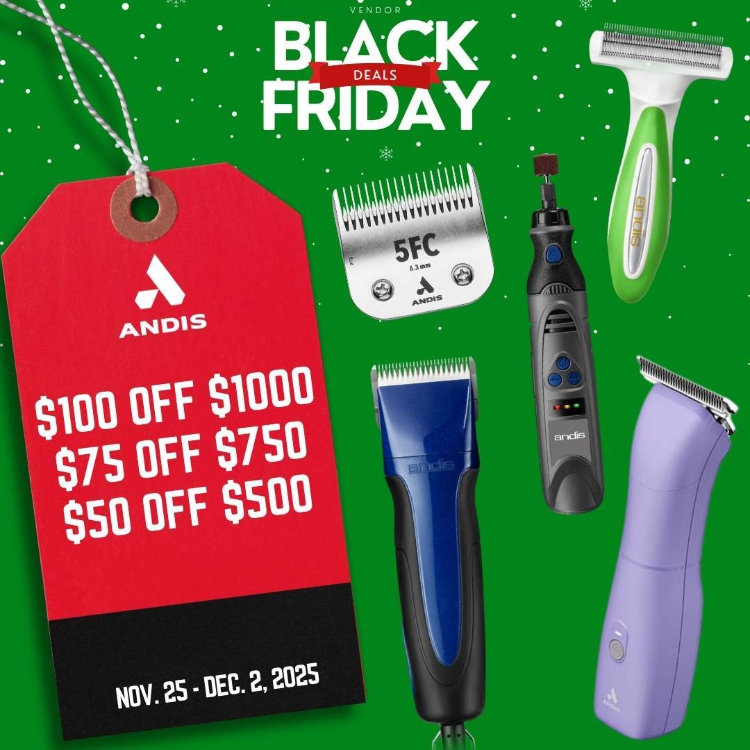 Andis Black Friday promotion graphic showing Andis products on a green background with a red sale tag that reads: ‘Andis: $100 off $1000, $75 off $750 and $50 off $500, Nov. 25–Dec. 2, 2025.’