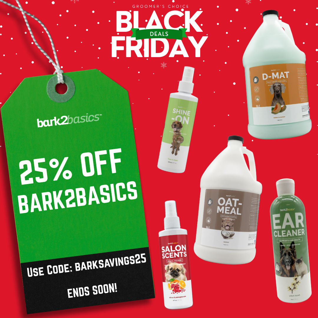 Bark2Basics Black Friday promotion graphic showing a variety of Bark2Basics products on a red background with a green sale tag that reads: ‘25% off Bark2Basics. Use code: BARKSAVINGS25. Ends soon!’