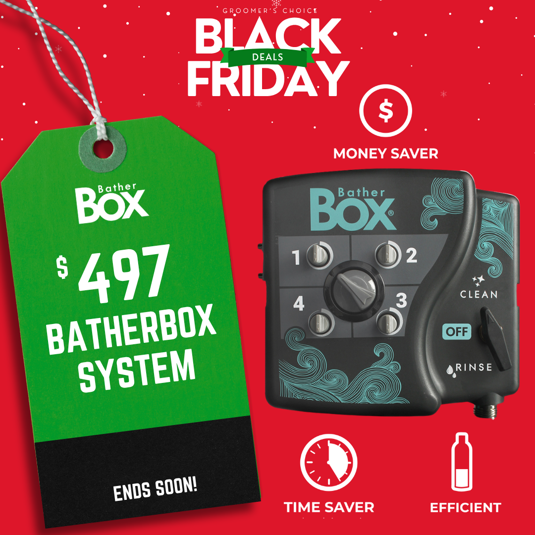 BatherBox Black Friday promotion graphic showing the BatherBox System and benefits icons on a red background with a green sale tag that reads: ‘$497 BatherBox System. Ends soon!’