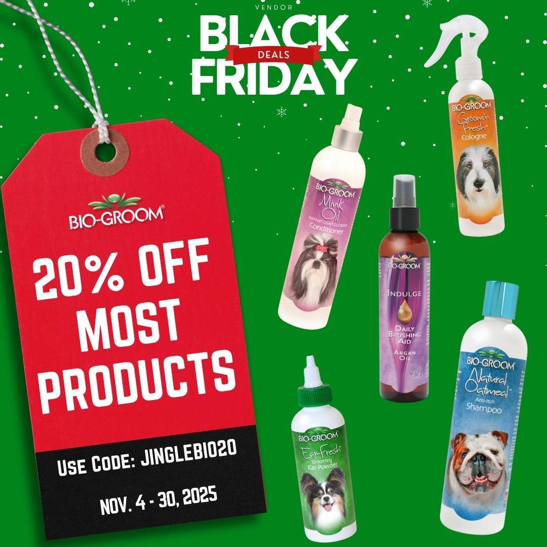Bio-Groom Black Friday promotion graphic featuring various Bio-Groom products on a green background with a red sale tag that reads: ‘20% Off Most Products, Use Code: JINGLEBIO20, Nov. 4–30, 2025.’