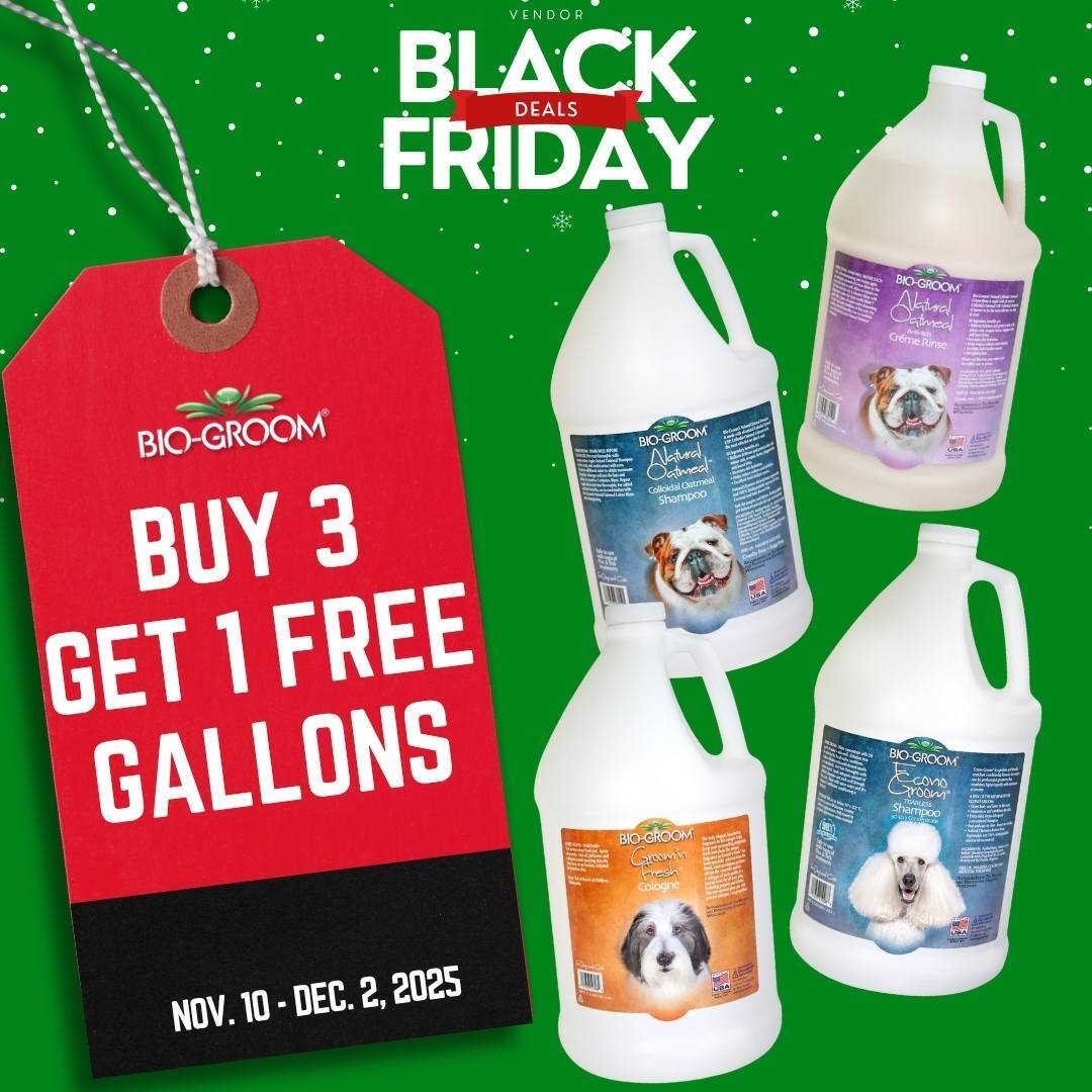 Bio-Groom Black Friday promotion graphic featuring four gallons on a green background with a red sale tag that reads: ‘Bio-Groom: Buy 3 Get 1 Free Gallons, Nov. 10–Dec. 2, 2025.’